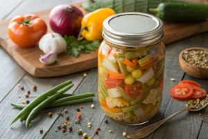 A jar of Amish Chow Chow relish filled with colorful pickled vegetables such as green beans, lima beans, sweet peppers, carrots, and cauliflower, surrounded by fresh vegetables and spices, placed on a rustic wooden table.