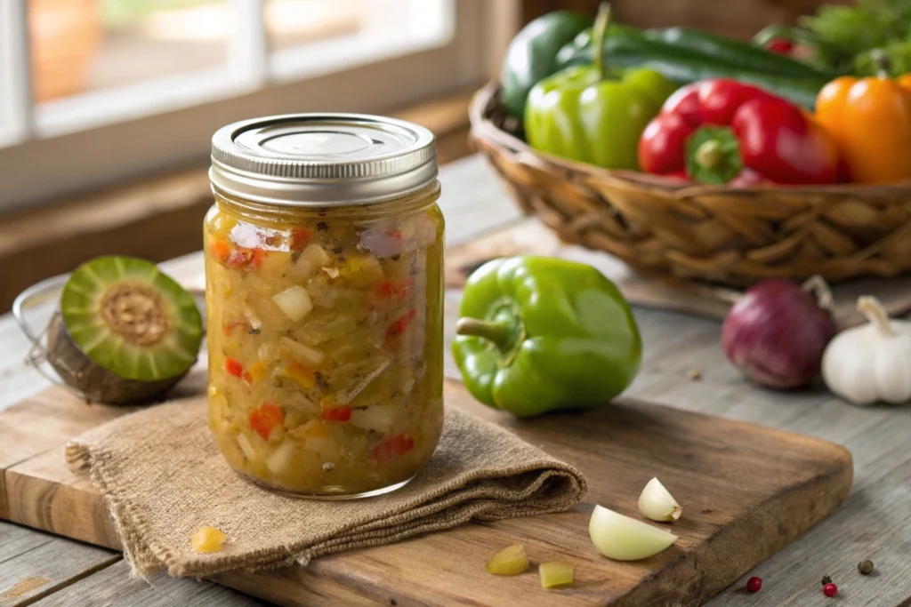 A vibrant jar of chow chow relish, filled with colorful pickled vegetables like green tomatoes, cabbage, and bell peppers, surrounded by fresh produce on a wooden surface.