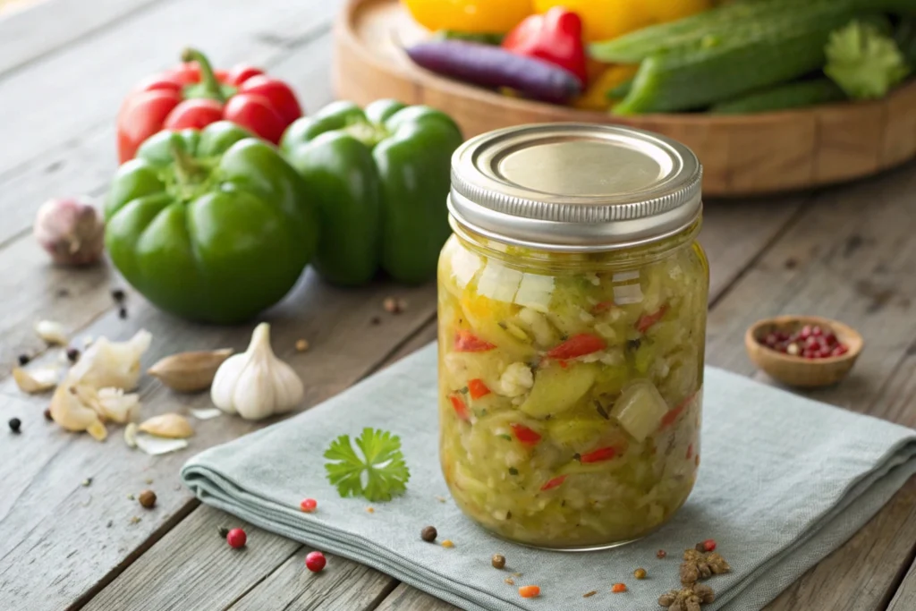 A beautifully styled jar of Southern chow chow relish, packed with vibrant pickled vegetables like green tomatoes, cabbage, and bell peppers, on a rustic wooden table surrounded by fresh ingredients.