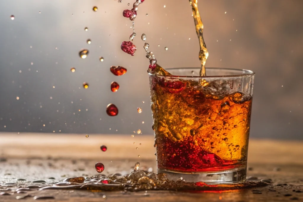 A close-up shot of a bomb drink in action, capturing the moment a shot glass drops into a larger glass, creating vibrant swirls, bubbles, and splashes of orange and golden hues.