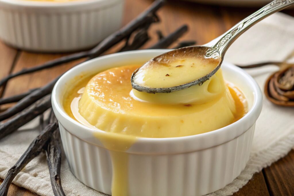 A close-up of a silky, smooth custard base of crème brûlée in a white ramekin, with a spoon dipping into the creamy dessert, surrounded by vanilla pods on a rustic wooden table.