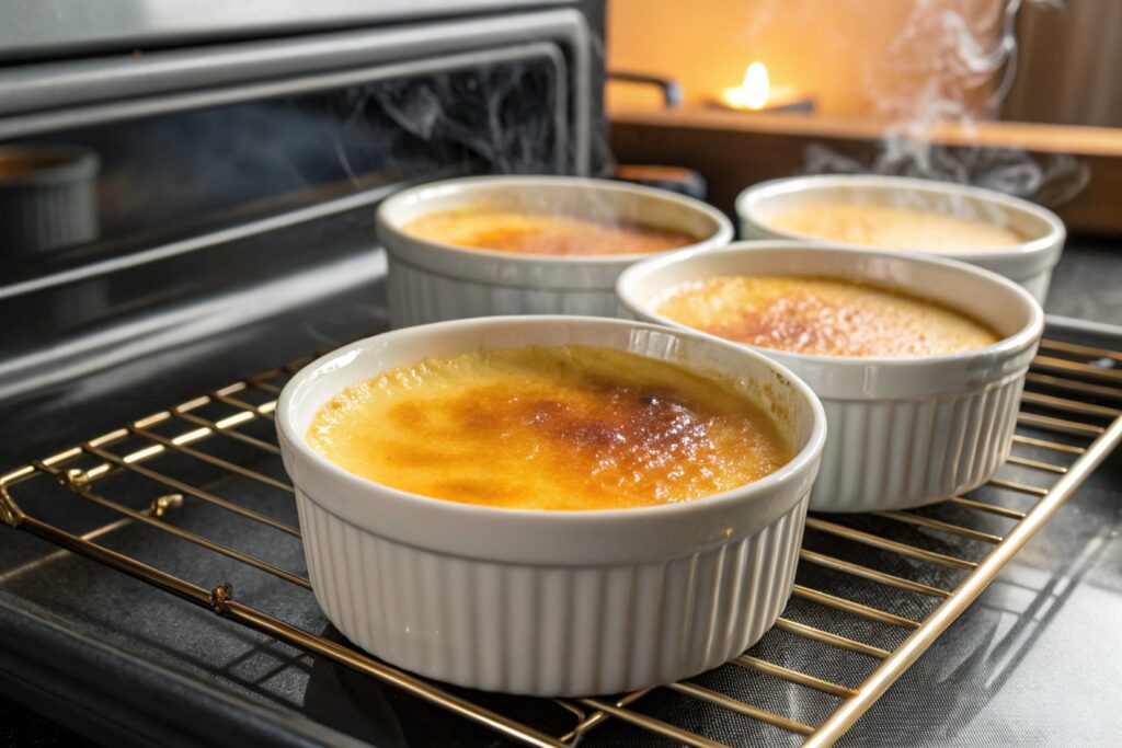 Ramekins filled with crème brûlée custard placed in a baking dish with hot water, ready to bake in a preheated oven.