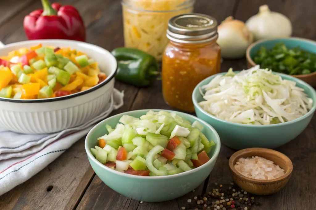 Close-up of the preparation process for chow chow relish, showing finely chopped green tomatoes, cabbage, onions, and bell peppers arranged in separate bowls on a rustic wooden table. A mason jar filled with vinegar and sugar brine and small spice jars are visible in the background, highlighting vibrant colors and textures.