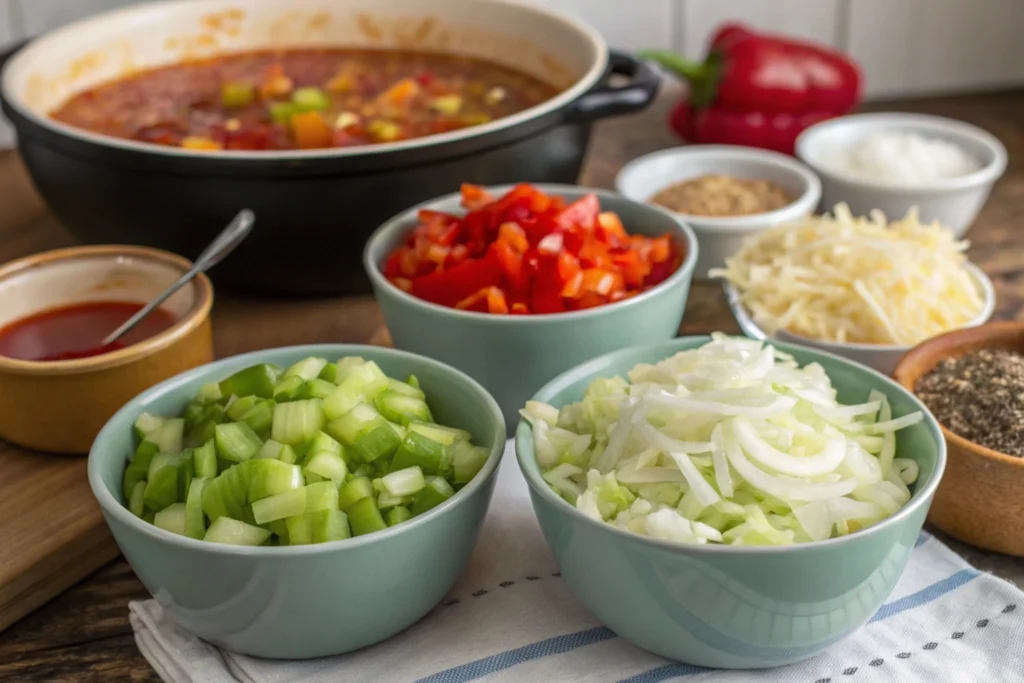 Chopped green tomatoes, cabbage, onions, and bell peppers arranged in bowls on a rustic kitchen counter with a simmering pot of vinegar and spices in the background.