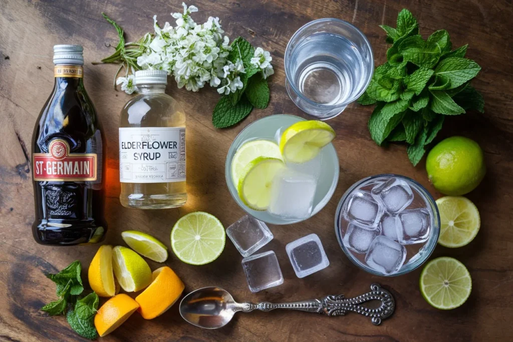 Flat-lay of St-Germain Spritz and Hugo Spritz ingredients, including elderflower liqueur, syrup, Prosecco, soda water, mint, and lime.