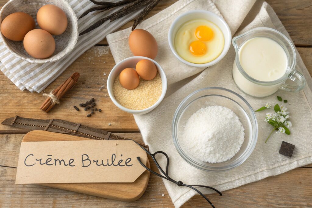 Flat lay of crème brûlée ingredients, including heavy cream, egg yolks, sugar, a vanilla bean, and a pinch of salt, on a rustic wooden table.