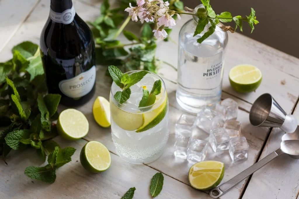 Flat-lay of Hugo Spritz ingredients, including Prosecco, elderflower liqueur, soda water, mint, lime, and ice cubes on a rustic wooden table.