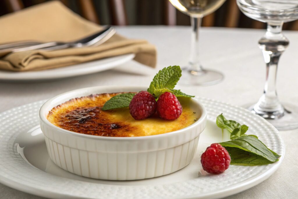 A close-up of a crème brûlée in a white ramekin, showcasing its golden caramelized sugar crust and smooth custard base, garnished with fresh mint and raspberries.