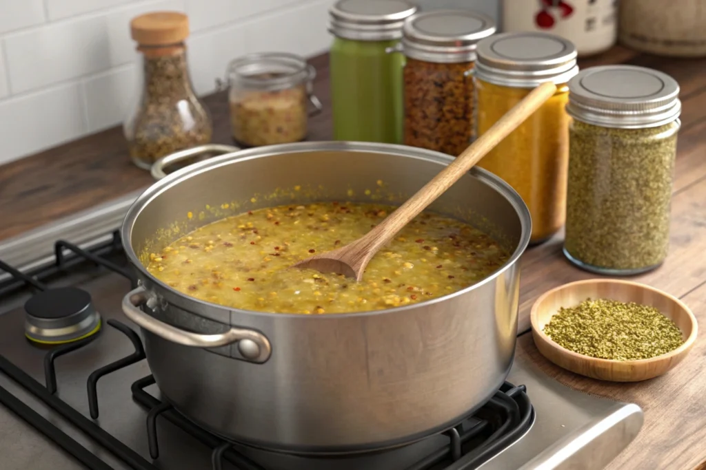 A simmering pot of brine made with vinegar, sugar, mustard seeds, celery seeds, and turmeric, with jars and lids in the background, ready for canning Amish Chow Chow.