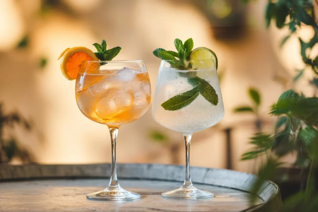 St-Germain Spritz and Hugo Spritz served in wine glasses, garnished with mint and citrus, on a rustic table in a garden setting.