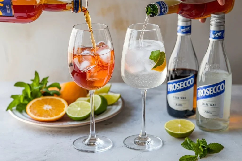 Realistic preparation of Aperol Spritz and Hugo Spritz, showing Aperol and elderflower liqueur being poured into glasses with garnishes ready.