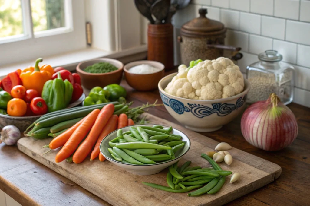 A rustic kitchen counter featuring a variety of fresh vegetables for Amish Chow Chow, including green beans, lima beans, carrots, cauliflower, sweet peppers, and onions, arranged on a wooden surface.