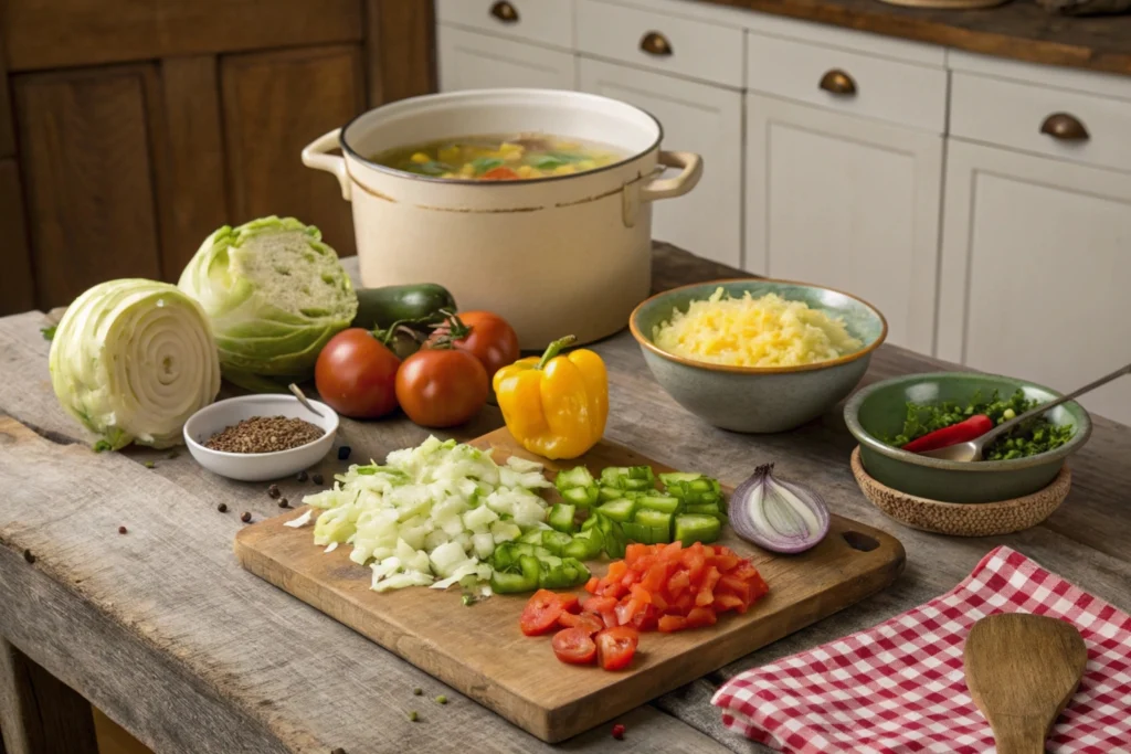 Coarsely chopped vegetables like cabbage, green tomatoes, onions, and bell peppers, ready to be mixed into a tangy brine of vinegar, sugar, mustard seeds, and turmeric. A simmering pot of brine sits in the background, with fresh ingredients and spices surrounding the rustic kitchen counter.