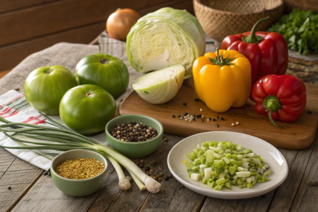 Fresh ingredients for chow chow relish displayed on a rustic wooden table, including whole green tomatoes, halved cabbage, onions, colorful bell peppers, and small bowls of mustard seeds, celery seeds, and turmeric. The setup captures the vibrant colors and textures of the raw vegetables in a warm, cozy farmhouse atmosphere.