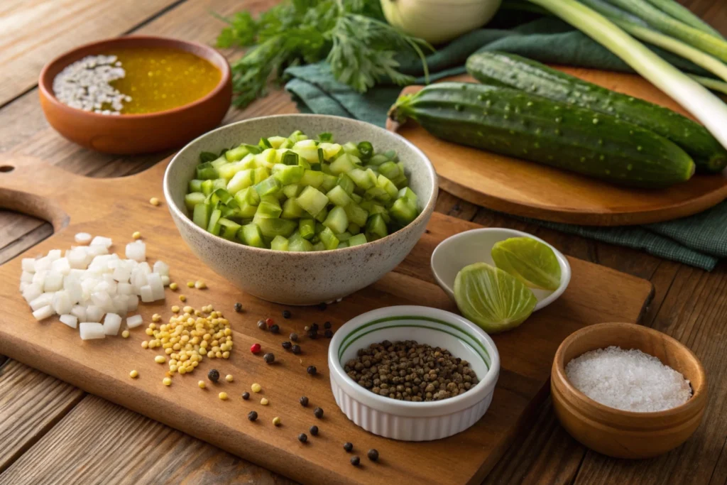 A rustic kitchen table with finely chopped pickled cucumbers, mustard seeds, celery seeds, onions, and small bowls of vinegar and sugar, arranged for making pickle relish. The scene features a warm, inviting atmosphere with natural lighting, highlighting the vibrant ingredients.