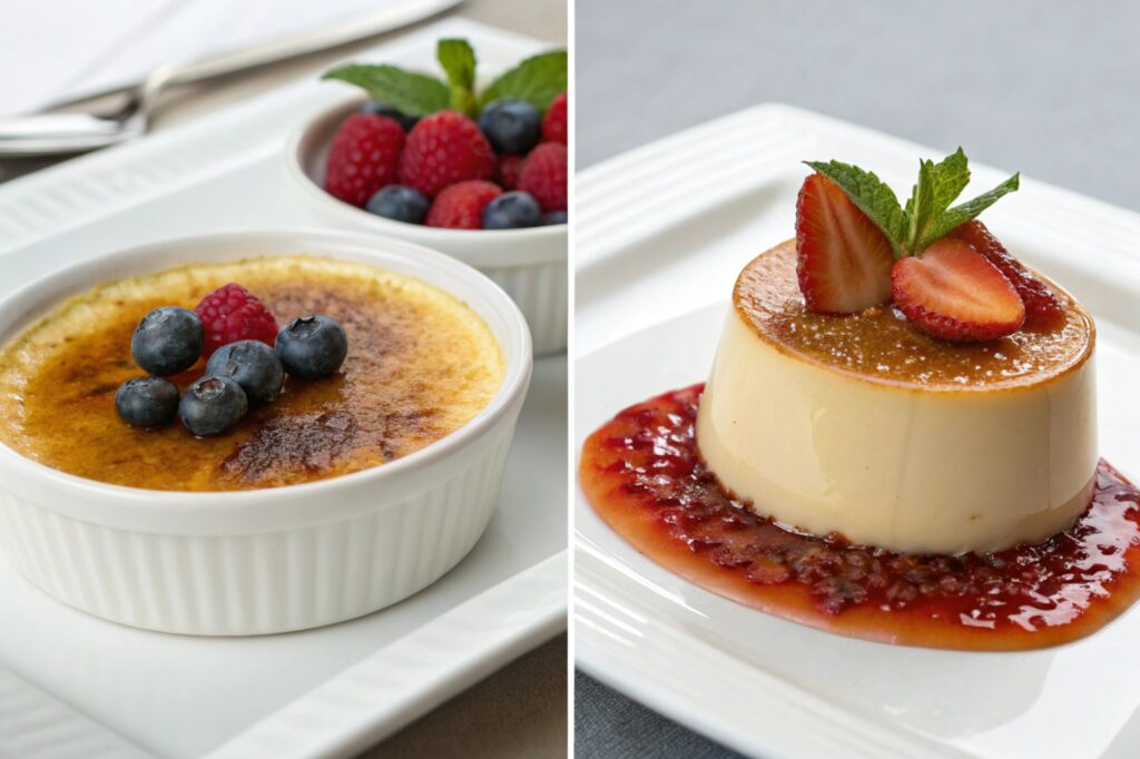 Side-by-side view of custard garnished with berries and crème brûlée with a crackled caramel top on a clean white plate.