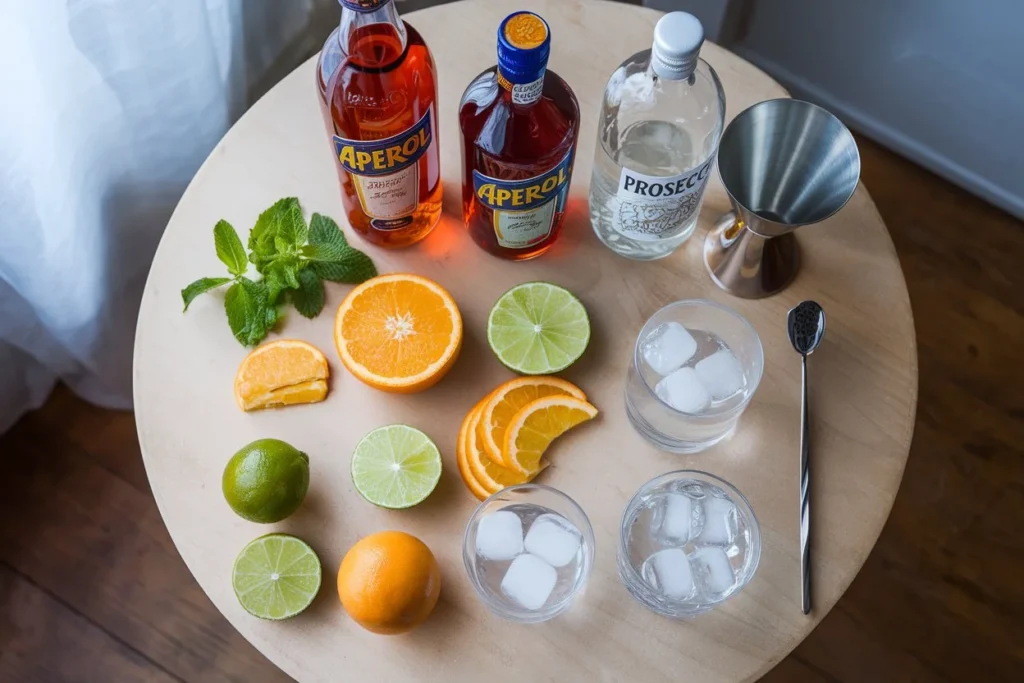 Flat-lay of Aperol Spritz and Hugo Spritz ingredients, including Aperol, elderflower liqueur, Prosecco, mint, and lime garnishes.