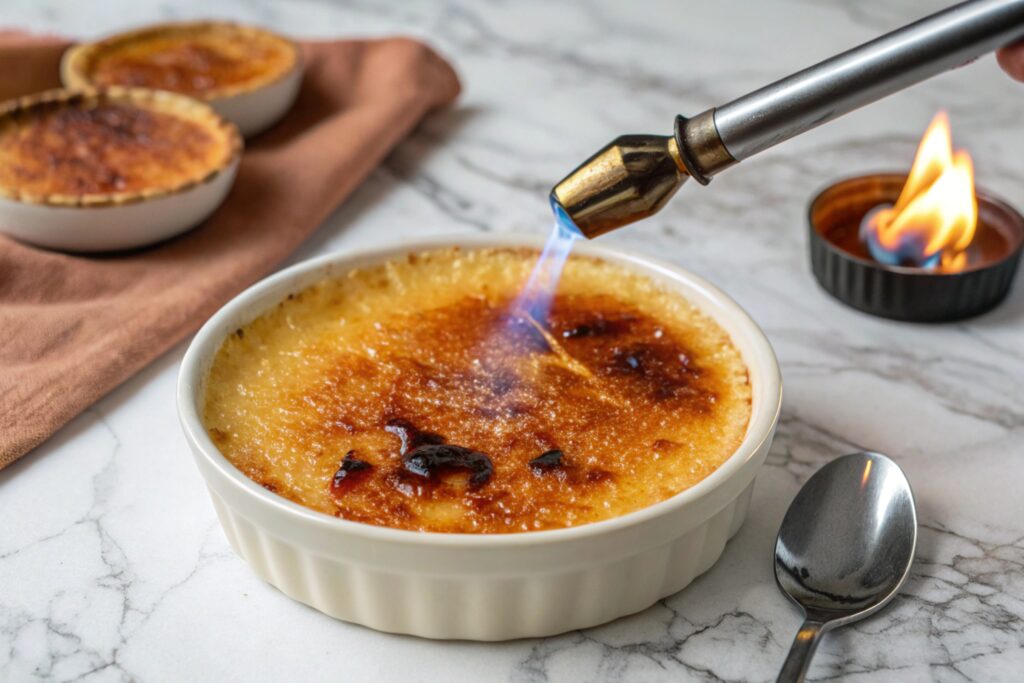 A top-down view of crème brûlée with a perfectly caramelized sugar crust, glistening under soft light, with visible cracks from a spoon tapping into the golden layer, set on a marble countertop.