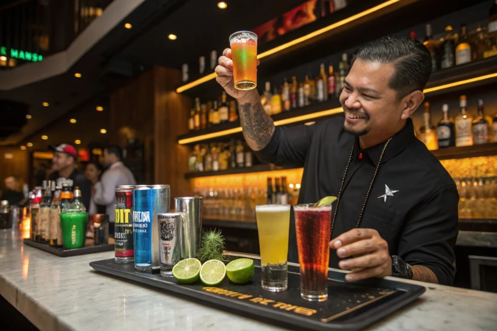 A bartender dropping a shot glass filled with colorful liquor into a larger glass of foamy beer, with vibrant ingredients and bar tools on the counter in a stylish bar setting.