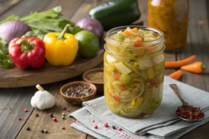 A jar of Southern chow chow relish filled with vibrant pickled vegetables like green tomatoes, cabbage, and bell peppers, surrounded by fresh produce and spices, placed on a rustic wooden table.