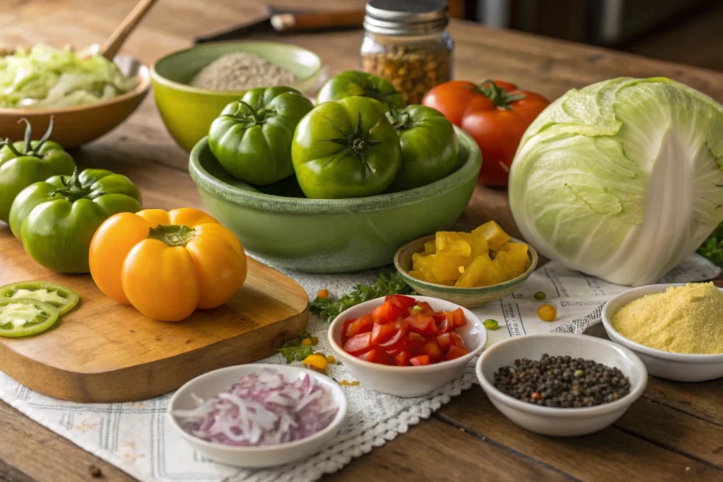 Fresh ingredients for Southern chow chow relish arranged on a rustic wooden table, including green tomatoes, halved cabbage, colorful bell peppers, onions, and small bowls of mustard seed, turmeric, and celery seed.