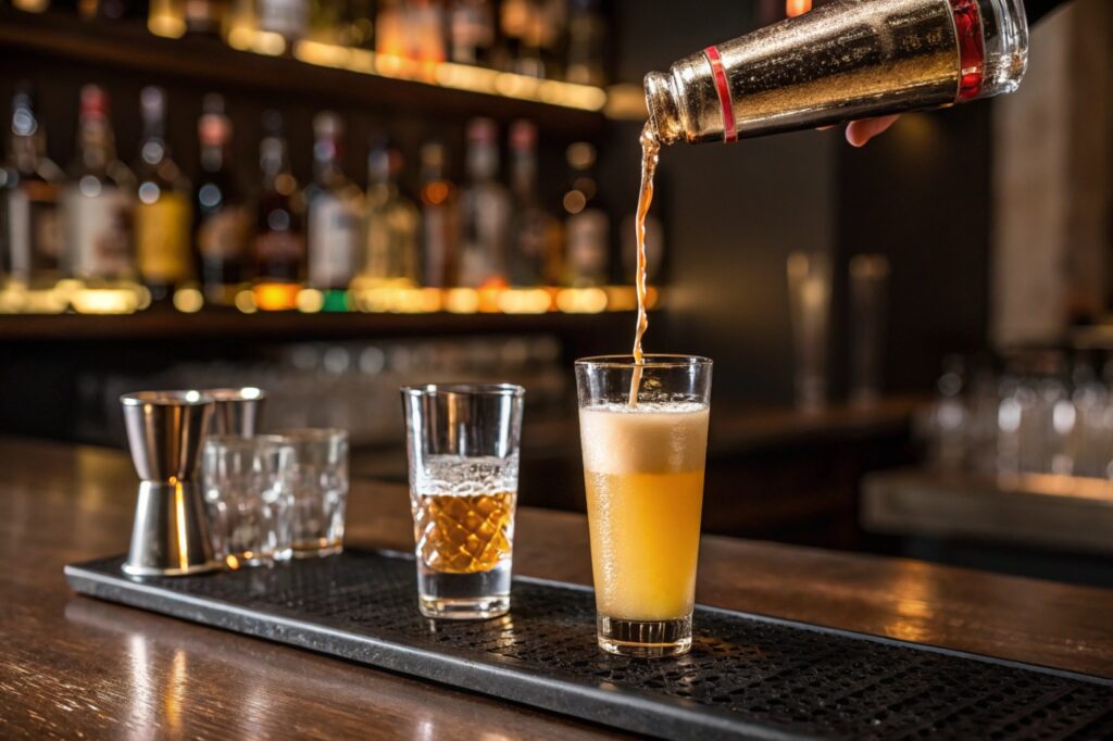 Vegas Bomb cocktail preparation: a tall glass being filled with energy drink next to a shot glass of whiskey and schnapps.