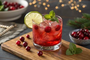 A vibrant Crownberry cocktail in a rocks glass, garnished with a lime wedge and fresh cranberries, served on a wooden table with mint sprigs and a festive background.