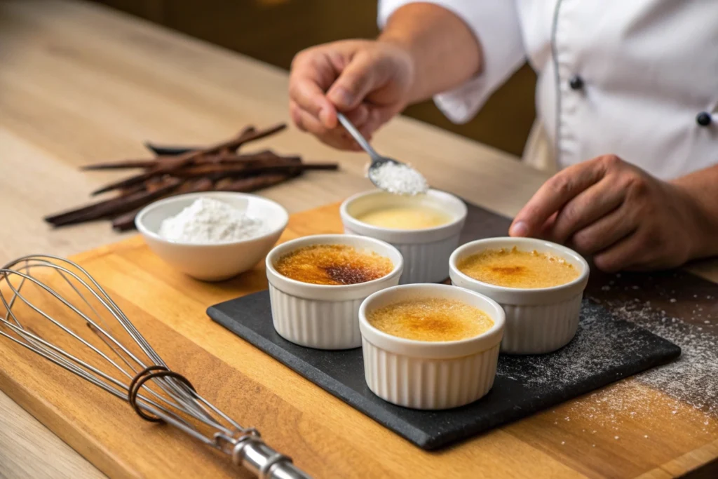 Chef's hands preparing crème brûlée in white ramekins on a wooden countertop, surrounded by a whisk, vanilla beans, and a small sieve with sugar.