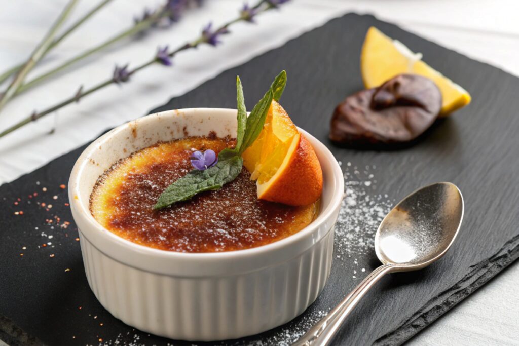 Classic crème brûlée dessert with a caramelized sugar topping served in a white ramekin on a rustic wooden table.