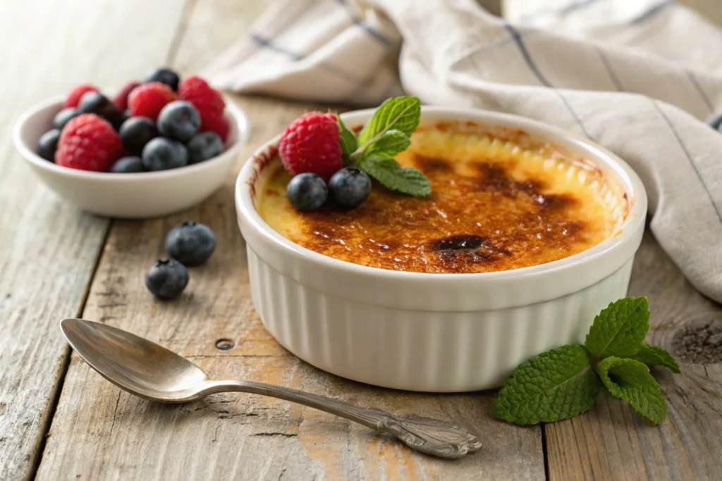 Close-up of a crème brûlée with a perfectly caramelized golden-brown crust, garnished with fresh berries and a sprig of mint on a rustic wooden table.