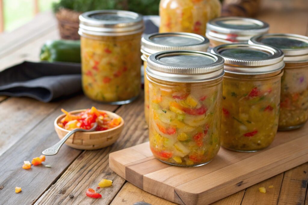 Final canned Chow Chow relish in mason jars with colorful vegetables on a rustic wooden table.