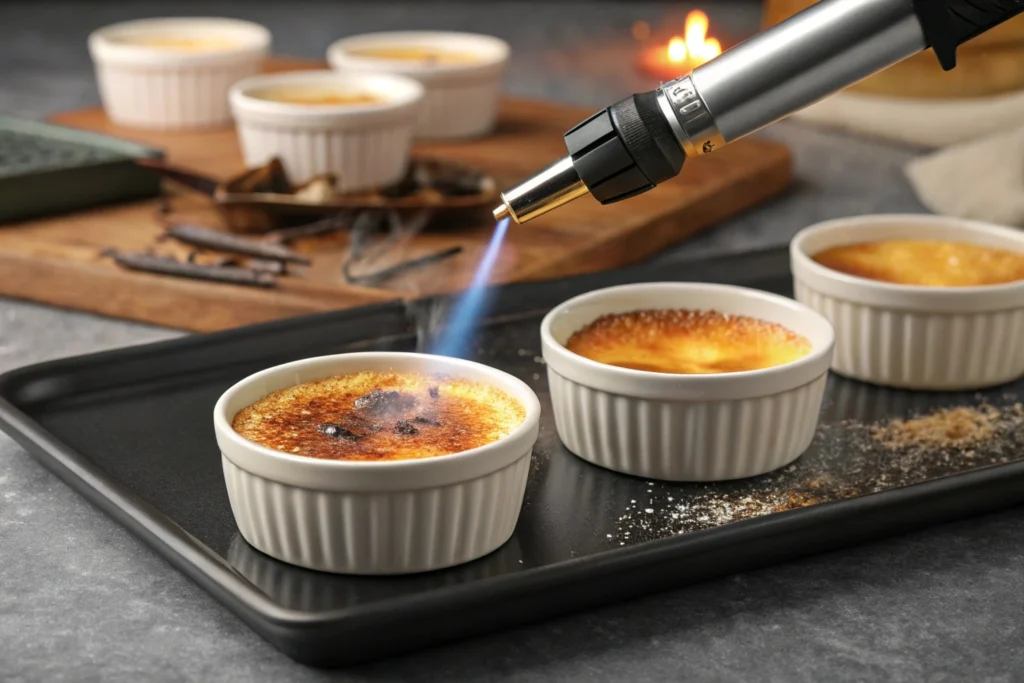 Close-up of a culinary torch caramelizing sugar on top of crème brûlée in a white ramekin, with bubbling golden-brown sugar and steam rising.