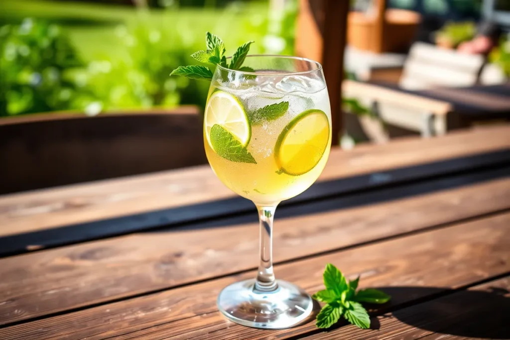 Hugo Spritz cocktail with mint leaves and lime slices on a rustic table.