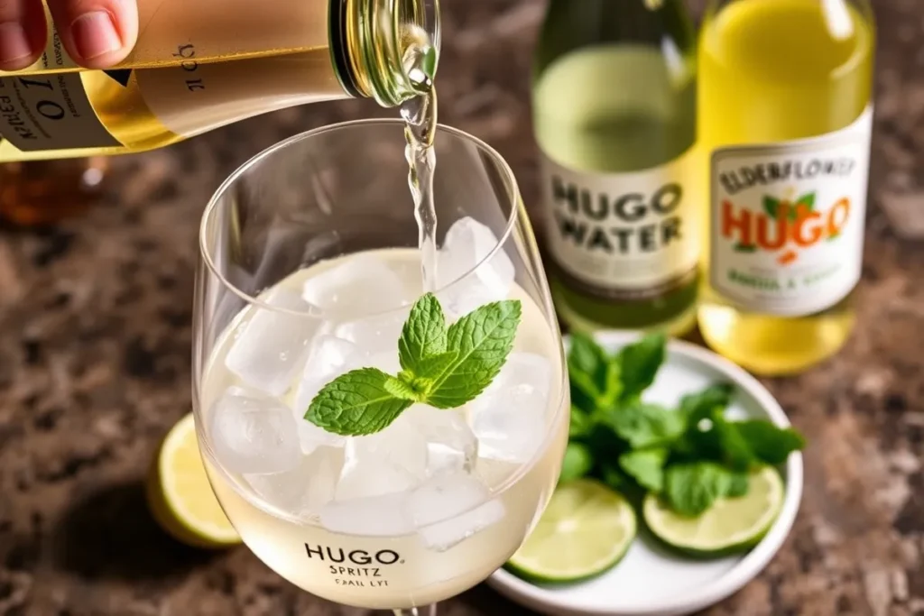 Close-up of Hugo Spritz preparation with Prosecco being poured into a glass of ice, surrounded by ingredients