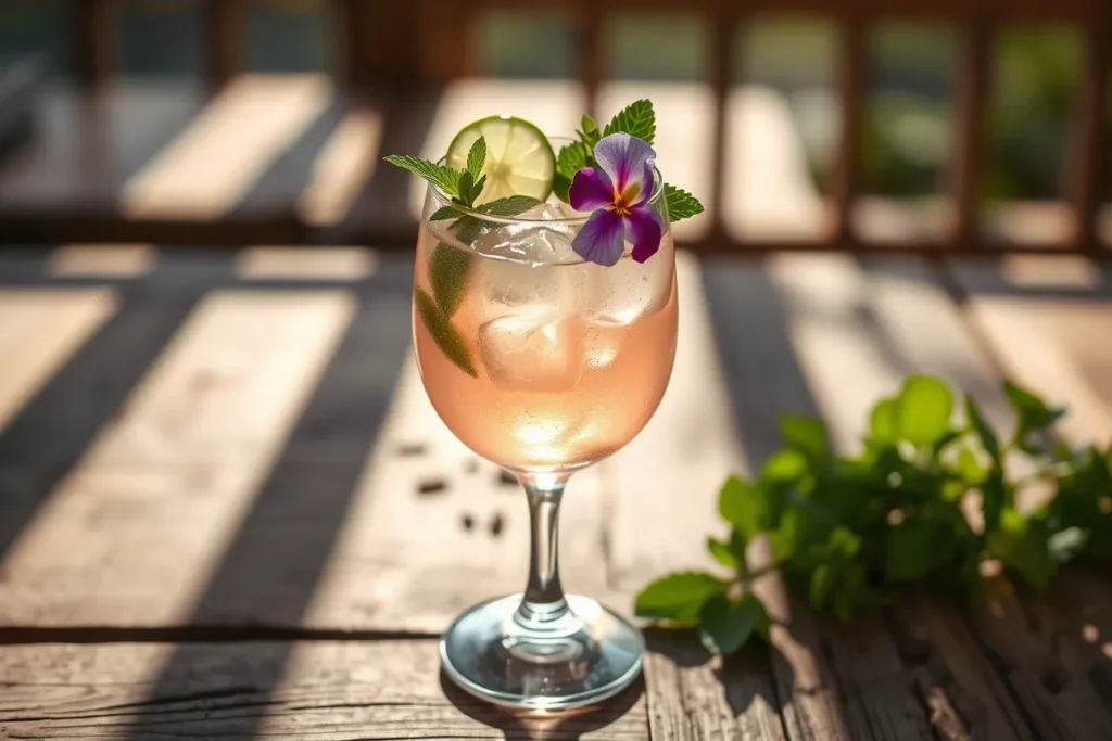 Hugo Spritz cocktail with Prosecco, mint, and lime on a rustic table in soft sunlight.