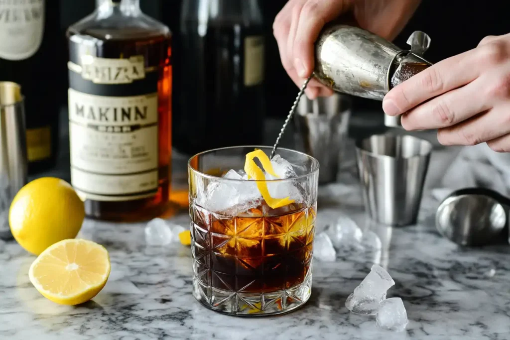 A bartender stirring a Black Manhattan cocktail in a mixing glass with ingredients like whiskey, amaro, and bitters on the table.