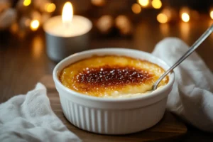 A classic crème brûlée with a golden caramelized top, placed in a white ramekin on a wooden table, with a spoon cracking the sugar crust.