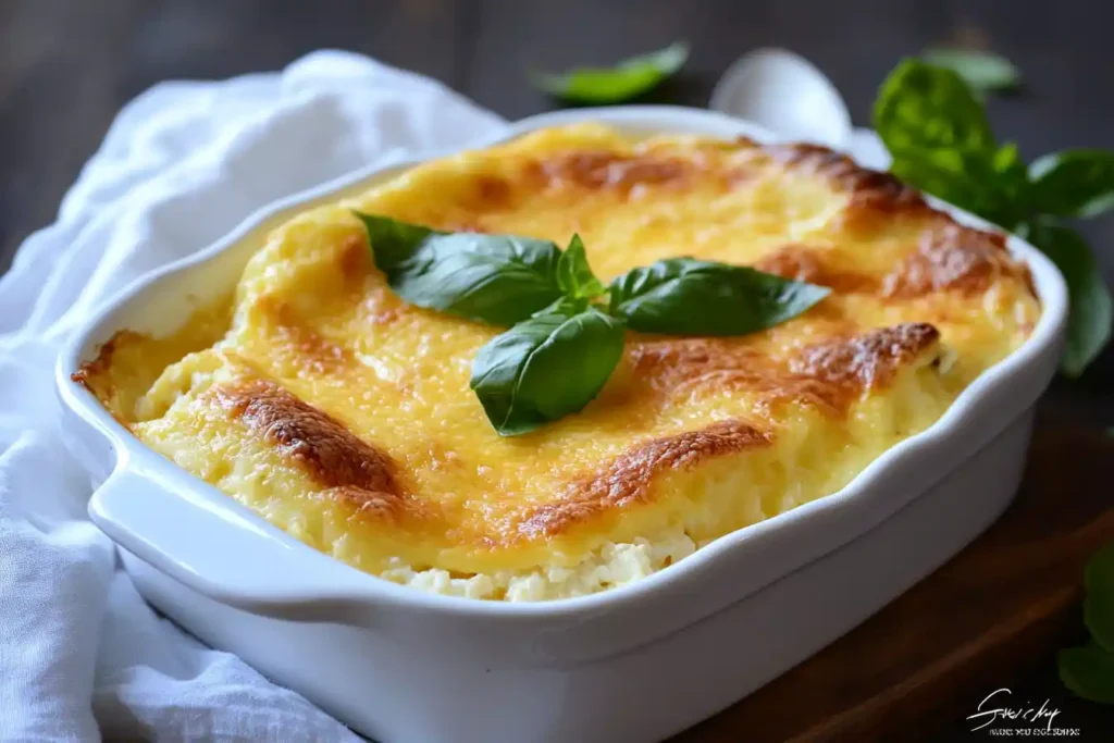 Cottage cheese lasagna topped with golden-brown cheese crust in a white casserole dish.