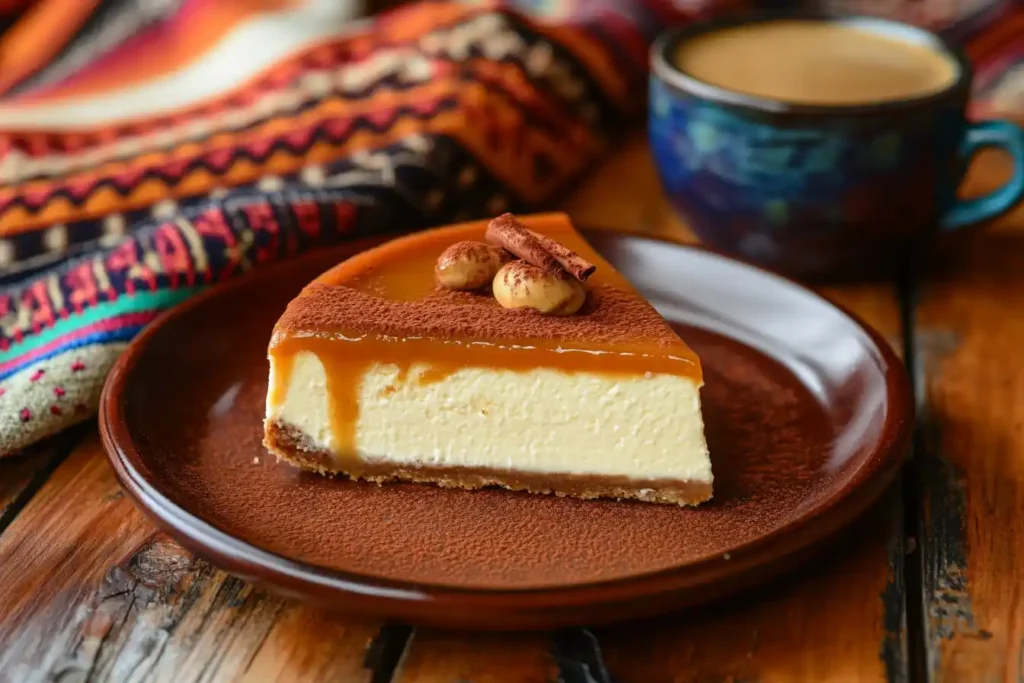 A slice of Mexican cheesecake drizzled with cajeta and sprinkled with cinnamon, set on a rustic wooden table with a Mexican serape in the background.