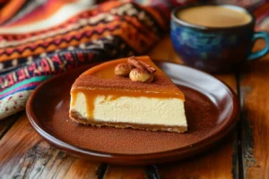 A slice of Mexican cheesecake drizzled with cajeta and sprinkled with cinnamon, set on a rustic wooden table with a Mexican serape in the background.