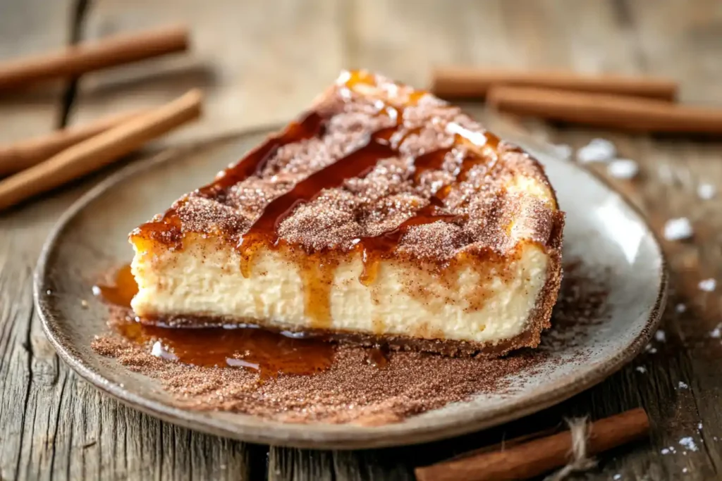 A slice of churro cheesecake topped with cinnamon sugar and caramel drizzle on a wooden table with cinnamon sticks.
