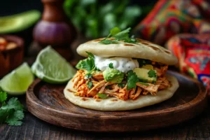 A traditional Reina Pepiada arepa filled with avocado, shredded chicken, and mayonnaise on a rustic wooden plate with Venezuelan decor in the background.