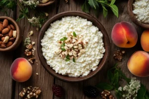 Bowl of cottage cheese with fruits, nuts, and herbs on a rustic table.