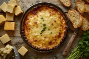 A steaming bowl of creamy mac and cheese with a golden-brown crust, accompanied by blocks of Cheddar and Gruyère cheese in a rustic kitchen setting.