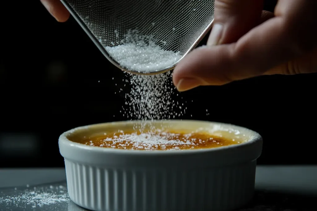 A hand sprinkling fine granulated sugar over a crème brûlée in a ramekin, ensuring an even layer.