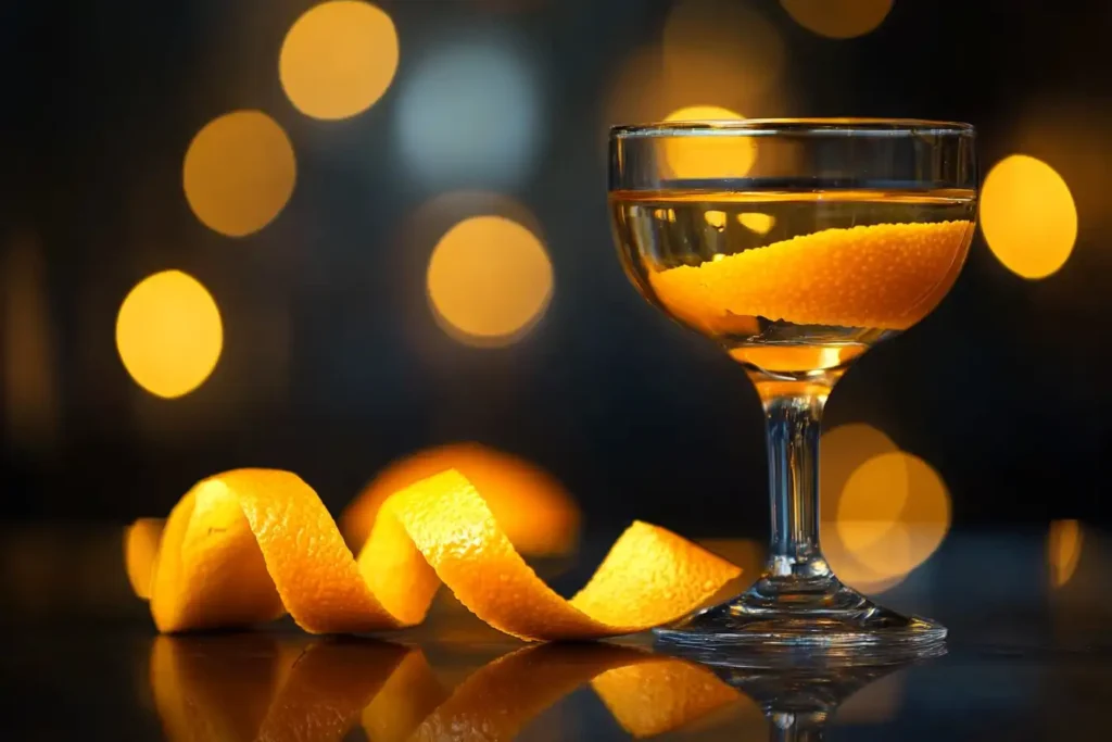A bright orange twist lying next to a coupe glass, ready to garnish a black Manhattan.