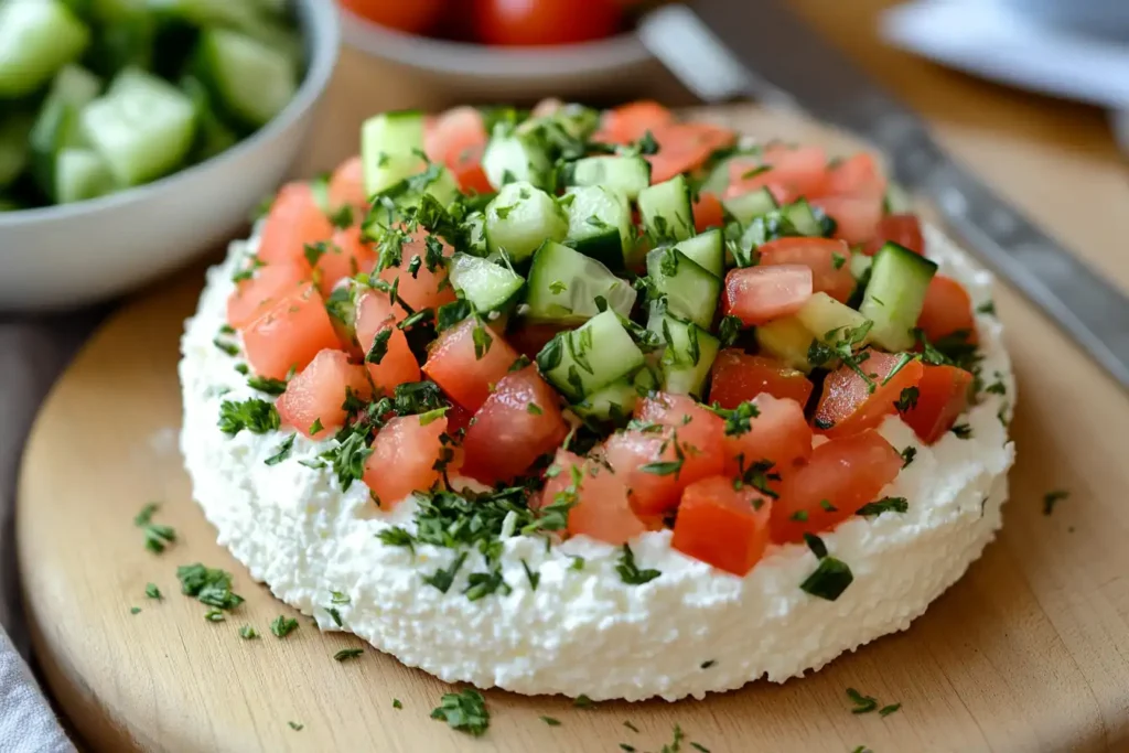 Cottage cheese spread topped with herbs, tomatoes, and cucumbers on a wooden cutting board.