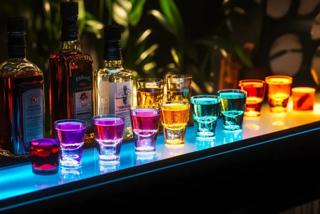 An assortment of liquor bottles and shot glasses with colorful spirits, glowing under vibrant bar lighting.