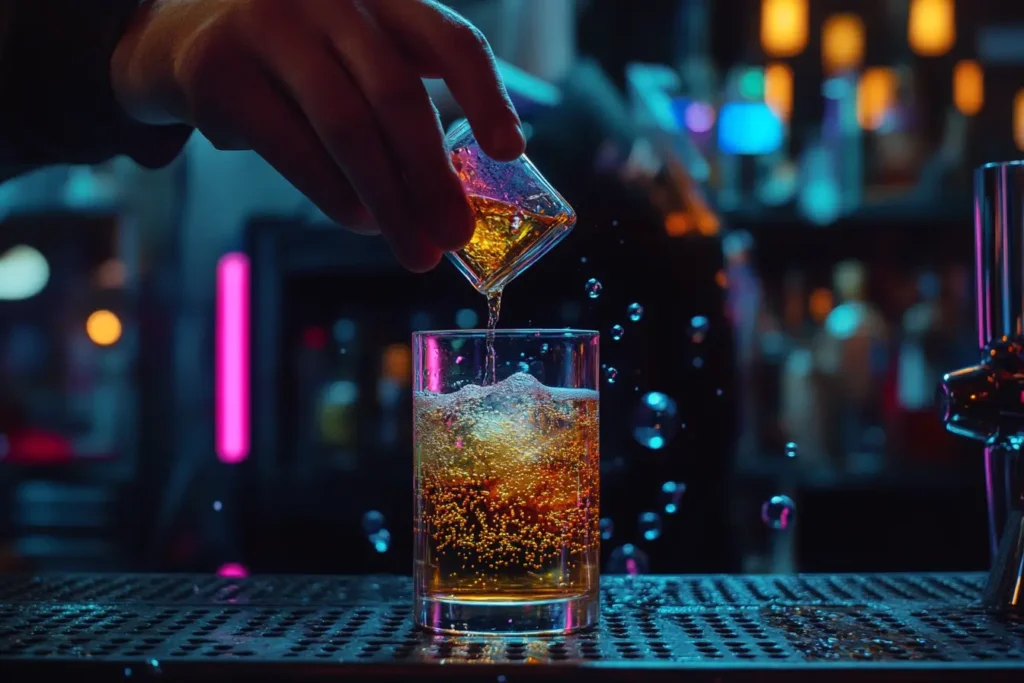 A bartender about to drop a filled shot glass into a highball glass with energy drink.