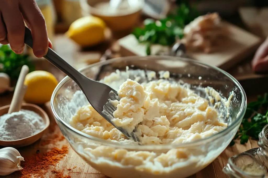 A chef folding fresh crab meat into a creamy custard.